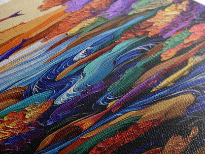 Fish Stream, Fantasy Whimsical — Framed Canvas Print, colorful river painting, kids room aquatic wall art, fantasy nature scene, boho decor