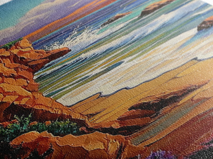 Ocean Cliff, Waves, Bold - Framed Canvas Print, coastal wall décor, colorful beach house art, fall inspired seascape, bedroom wall piece