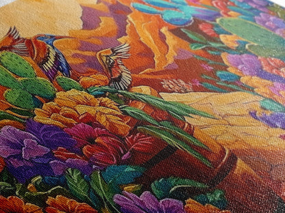 Birds Cactus, Blossoms, Bright Nature Framed Canvas Print, Desert Floral Wall Decor, Southwest Living Room Boho Wall Art