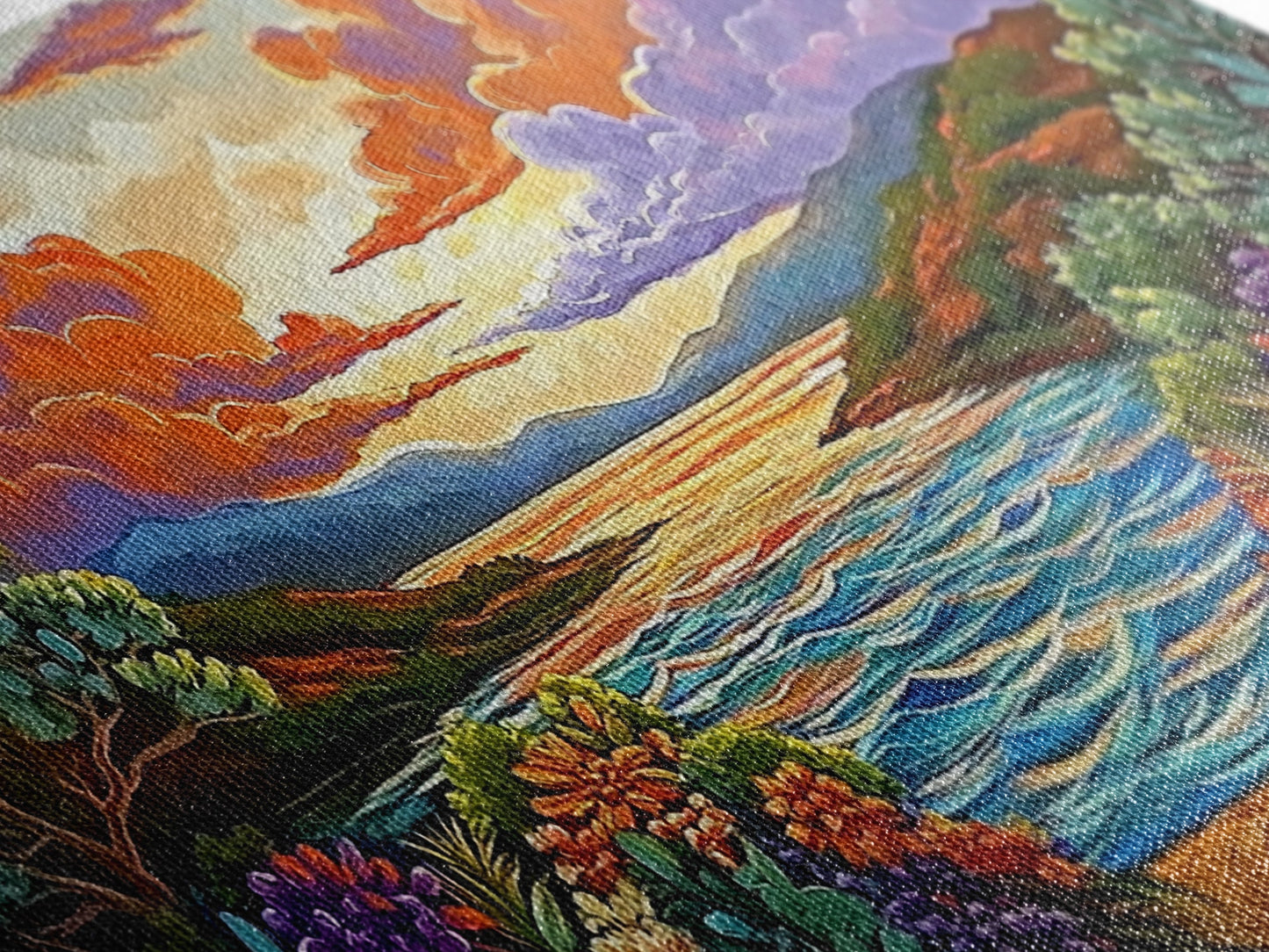 Sunset Floral, Lake, Garden, Framed Canvas Print, romantic nature painting, bedroom wall art, bright flower garden decor, sunset print