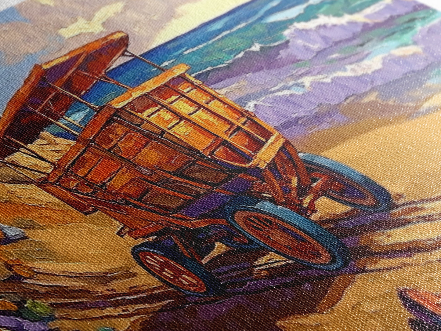 Küstenwagen, tropischer Strand, Meeresküste, gerahmter Leinwanddruck, rustikale Wandkunst, Wohnzimmerdeko im Küstenstil, Gemälde mit Sommerflair