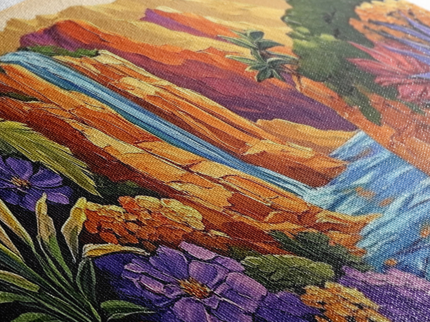 Canyon Waterfall, Desert Bloom, Sunset Rocks, Framed Canvas Print, Nature Landscape Wall Art, Boho Bedroom or Office Decor