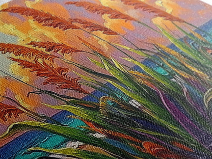 Coastal Sunset, Grasses, Canvas Print, Autumn Beach Landscape Art, Boho Living Room Wall Decor, Colorful Nature Painting