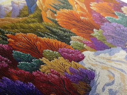 Autumn Forest, Snow, Trail, Canvas Print, Fall landscape painting, cabin wall decor, cozy mountain art, vibrant rustic hallway print