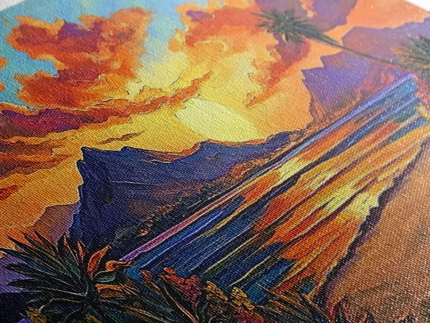 Mountains Tropical, Sunset, Palm Trees, Framed Canvas Print, Bold Landscape Art, Living Room Wall Decor, Sunset View, Boho Decor