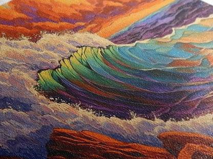 Ocean Wave, Sunset, Crashing Surf, Framed Canvas Print, Colorful Coastal Art, Living Room Wall Decor, Seaside Painting, Bold Landscape