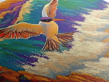 Seagull, Beach, Ocean Waves, Vibrant Sky, Framed Canvas Print, Coastal Wildlife Art, Living Room Wall Decor, Bird Painting, Boho Nature