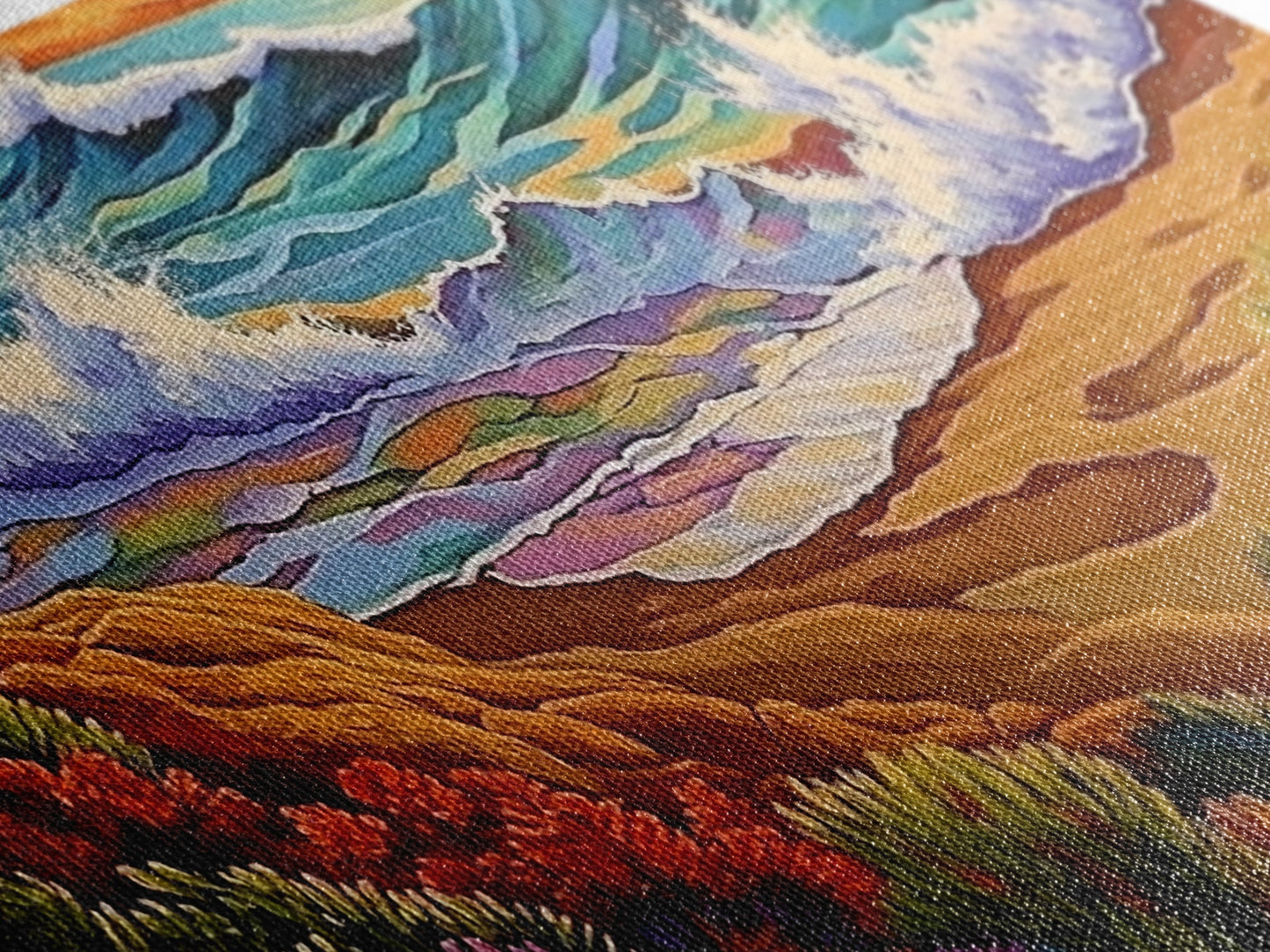 Wave Shoreline, Sunset Painting, Framed Canvas Print, vibrant crashing ocean waves, colorful rocks, Coastal Wall Art, tropical art