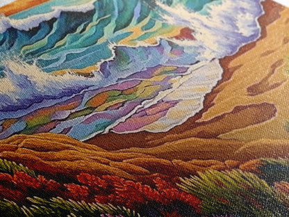 Wave Shoreline, Sunset Painting, Framed Canvas Print, vibrant crashing ocean waves, colorful rocks, Coastal Wall Art, tropical art