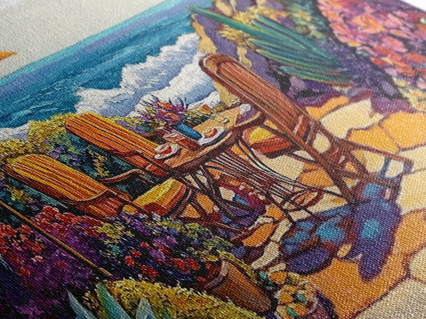 Patio, Ocean, Dining, Framed Canvas Print, Colorful seaside patio with umbrella and table scene, Summer vibes, Dining Room Wall Art