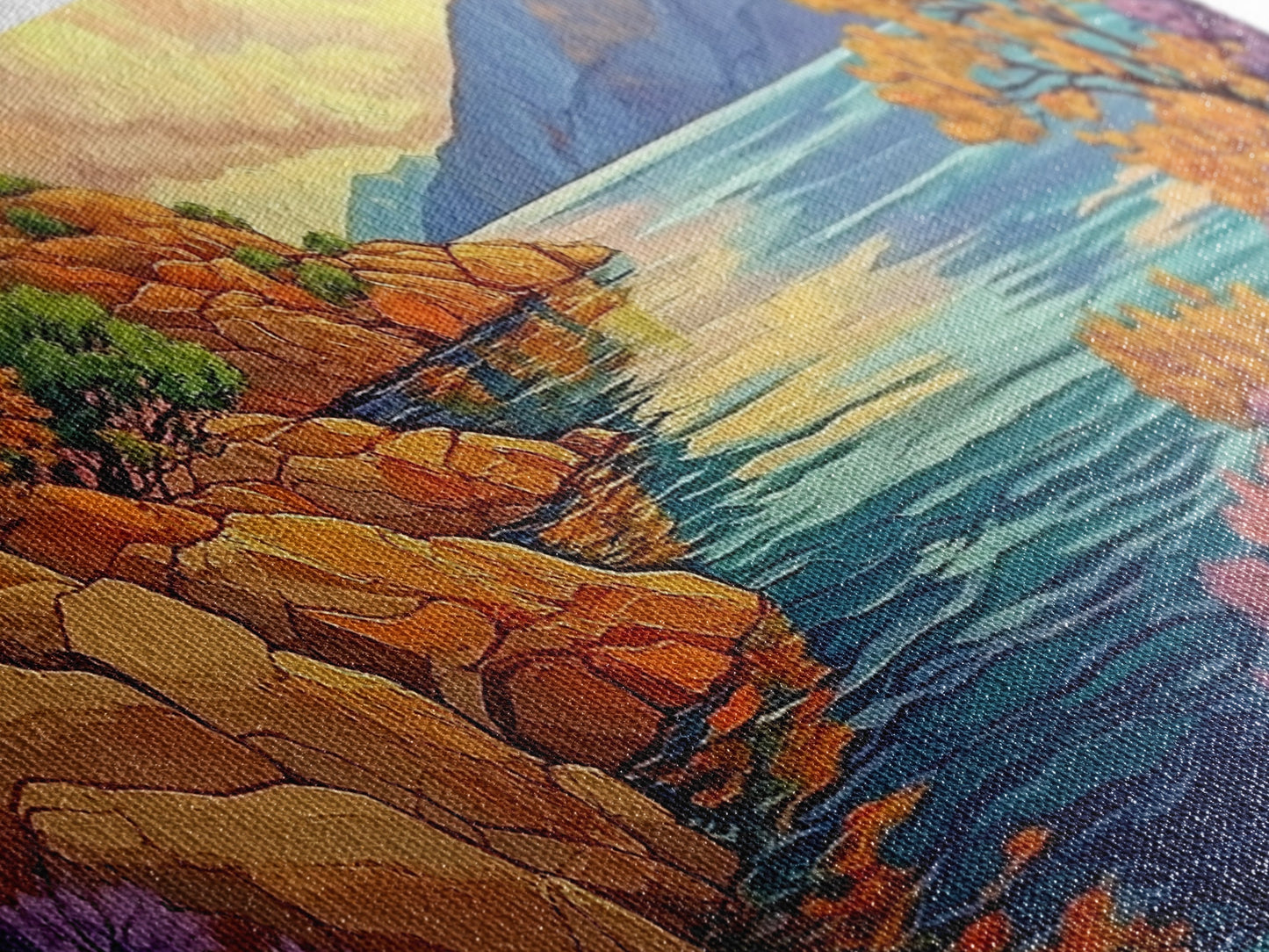 Mountain Lake, Trees, Reflection, Canvas Print with vivid autumn landscape painting, living room wall art, boho nature decor