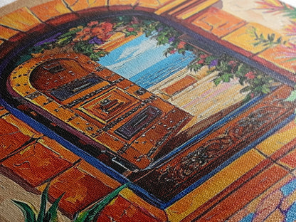 Doorway Ocean, View, Escape, Framed Canvas Print, Mediterranean coastal decor, boho travel wall art, vibrant entryway art, hallway decor