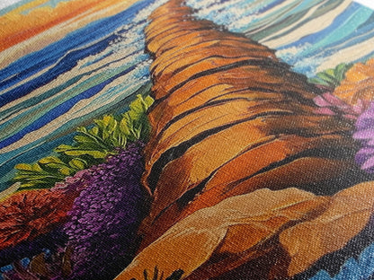 Ocean Path, Wildflowers, Shoreline, Framed Canvas Print coastal path wall art, ocean wildflower painting, beach garden style, hallway decor