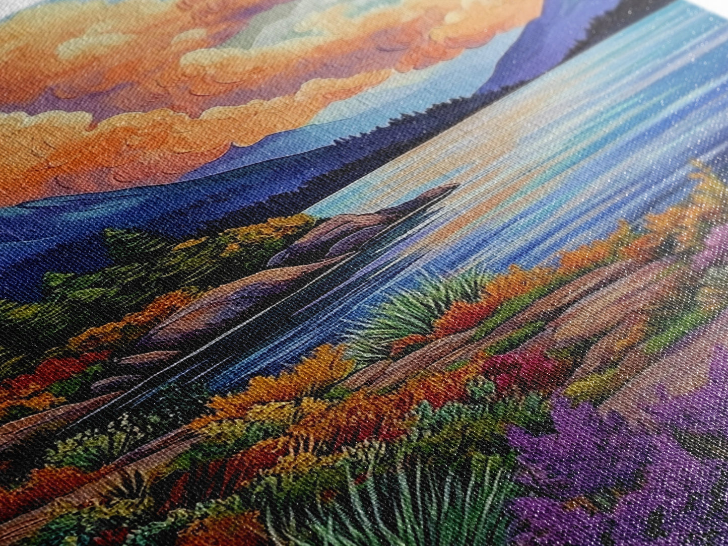 Lake Mountains, Sunset, Autumn, Framed Canvas Print serene mountain lake sunset wall art, vibrant Autumn landscape canvas, cozy cabin decor