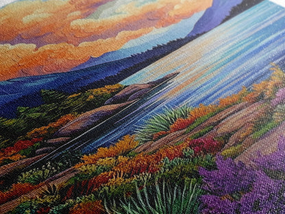 Lake Mountains, Sunset, Autumn, Framed Canvas Print serene mountain lake sunset wall art, vibrant Autumn landscape canvas, cozy cabin decor