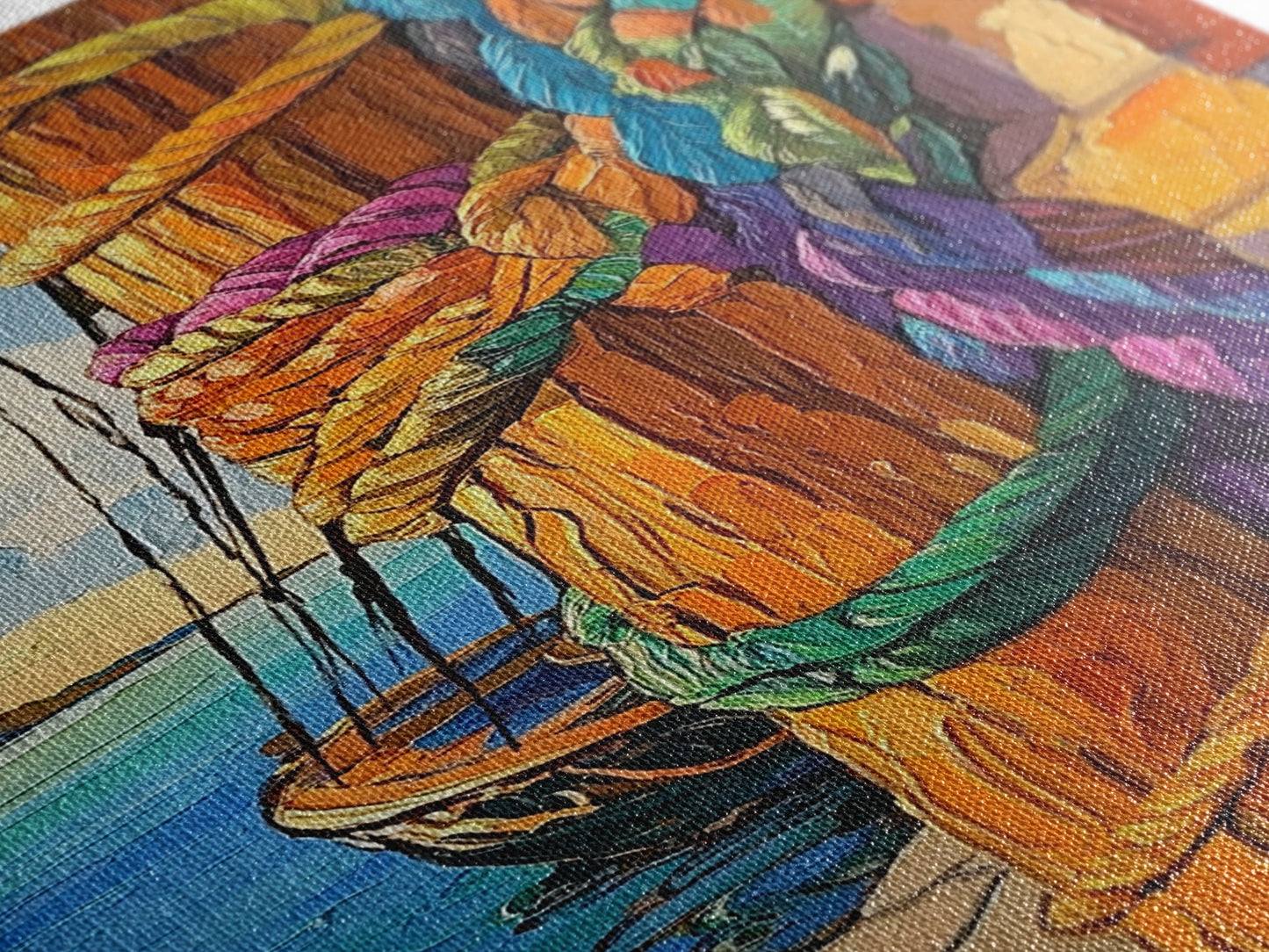 Boat Dock, Ropes, Framed Canvas Print, Nautical Coastal Wall Art, Vibrant Marina Scene, Boho Seaside Decor, Bathroom art, Office Wall Art