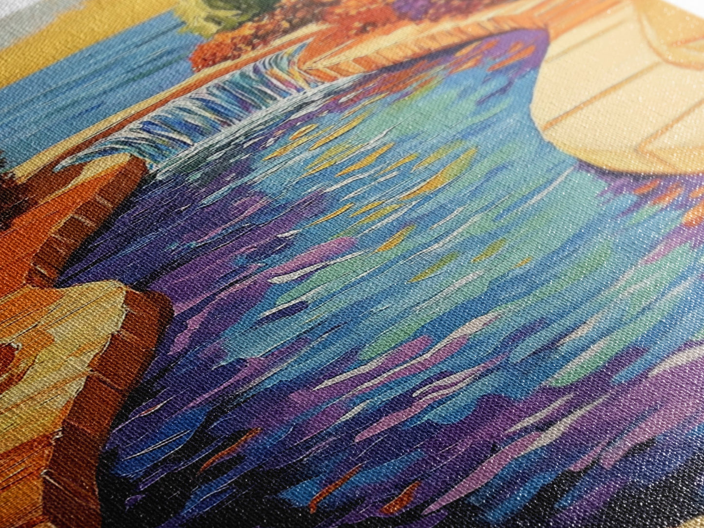 Pool Garden, Oasis, Sunset, Framed Canvas Print vibrant patio wall art, tropical courtyard landscape, kitchen art, sunroom boho decor