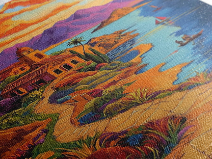 Coastal Village, Pathway, Sunset, Framed Canvas Print, Mediterranean coastal art, colorful landscape painting, boho living room wall decor