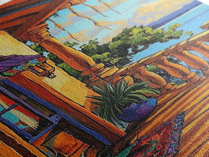 Porch Lake, Peaceful, View, Framed Canvas Print, relaxing patio art, summer lake view, rustic porch decor, Mediterranean vibes painting