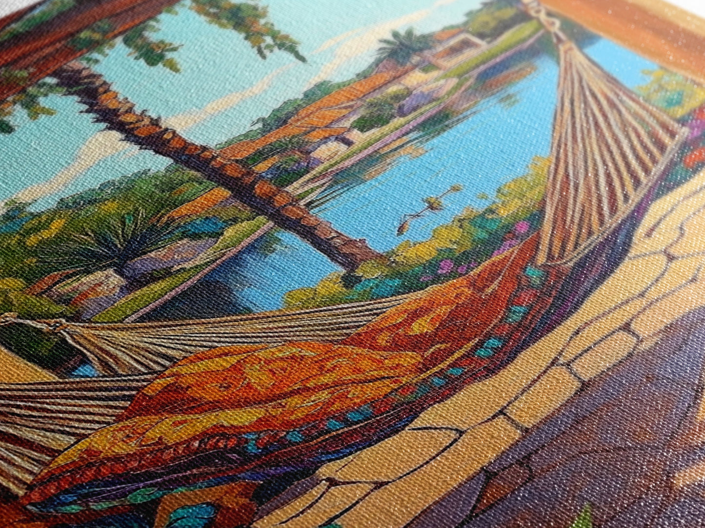 Hammock Patio, Relax, Lake, Framed Canvas Print, bohemian outdoor decor, tropical vacation art, summer patio vibe, living room wall art