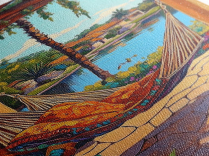 Hammock Patio, Relax, Lake, Framed Canvas Print, bohemian outdoor decor, tropical vacation art, summer patio vibe, living room wall art