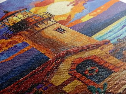 Moonlit Lighthouse, Rustic, Shore, Framed Canvas Print, Coastal Lighthouse Canvas, Dramatic Moon Ocean Scene, Rustic Nautical Wall Art