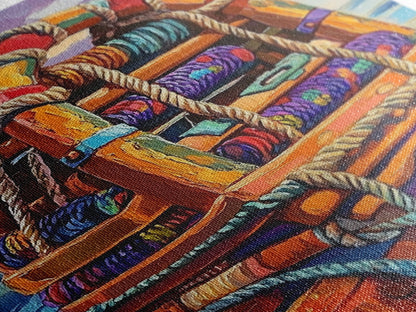 Rope Dock Sunset, Nautical, Framed Canvas Print, Nautical Rope Dockside Art, Sunset Painting, Coastal Seaside Wall Decor, Living Room Decor