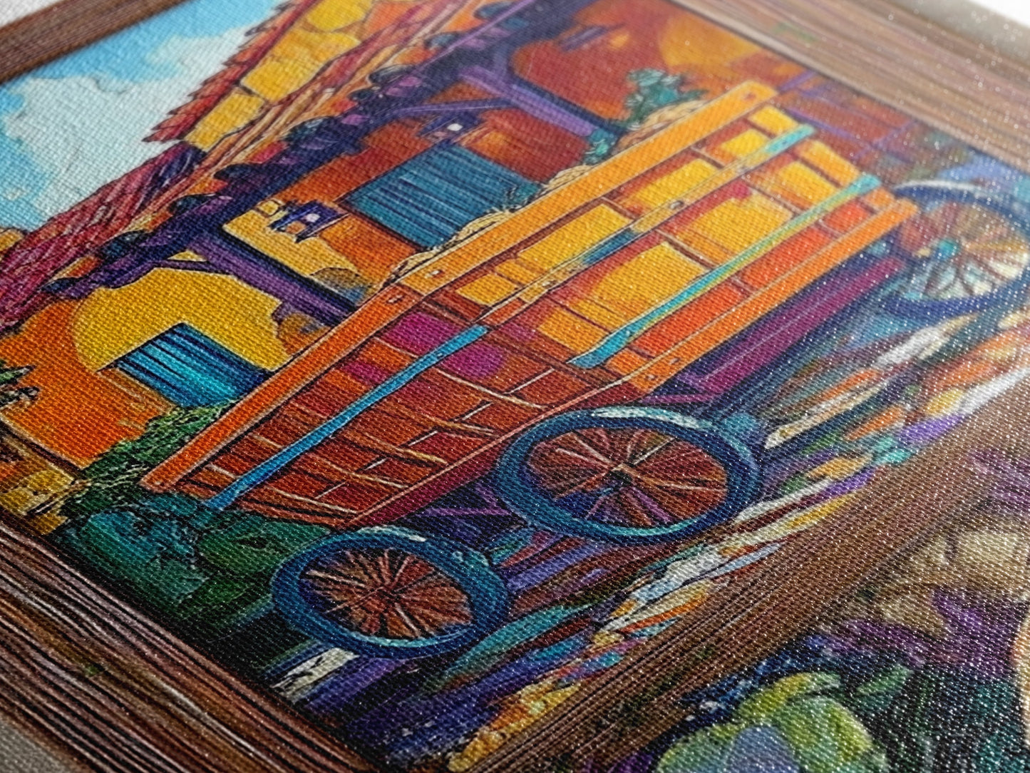 Rustic Wagon, Village, Colorful House Framed Canvas Print, Southwest Home Decor, Farmhouse Kitchen Wall Art, Mexican Art Style