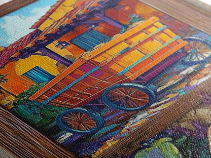 Rustic Wagon, Village, Colorful House Framed Canvas Print, Southwest Home Decor, Farmhouse Kitchen Wall Art, Mexican Art Style