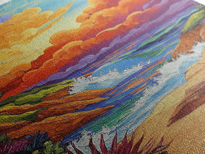 Seaside Sunset, Cliff, Dramatic Clouds Framed Canvas Print, Vibrant Ocean Wall Decor, Bathroom Beach Art, Coastal Expressionism