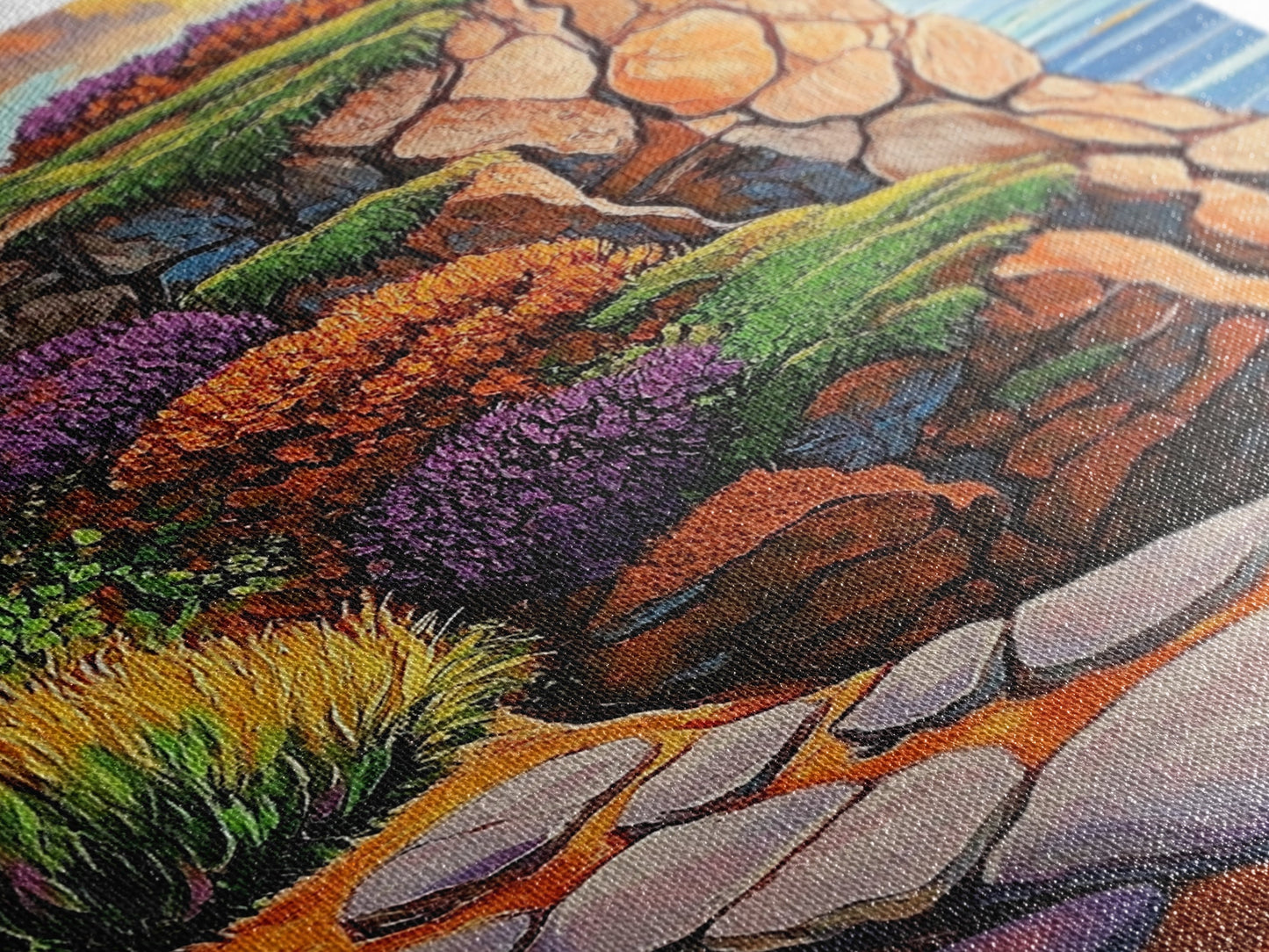 Rocky Cliff, Ocean, Wildflowers Canvas Print, Vibrant Coastal Wall Art, Hallway Nature Scene, Colorful Landscape Painting