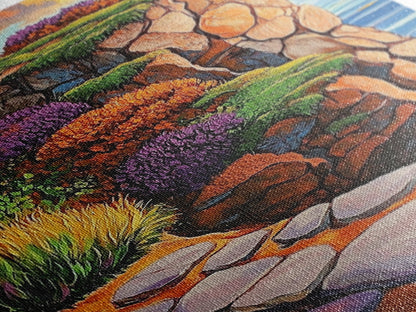 Rocky Cliff, Ocean, Wildflowers Canvas Print, Vibrant Coastal Wall Art, Hallway Nature Scene, Colorful Landscape Painting