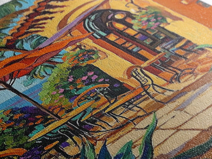 Bistro Patio, Sun, Canvas Print, Mediterranean cafe painting, kitchen wall art, outdoor charm artwork, sunny terrace decor, cozy nook print