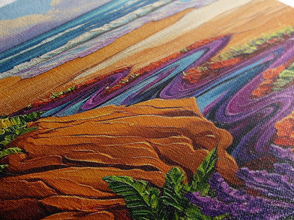 Ocean Cliffside, Floral, Seascape, Framed Canvas Print, Coastal Nature Wall Art, Bold Botanical Beach Decor, Bathroom Accent Piece