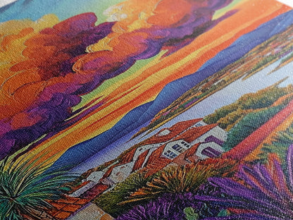 Village Sunset, Clouds, Landscape, Framed Canvas Print, Colorful Scenic Wall Art, Rustic Living Room Decor, Mediterranean Countryside