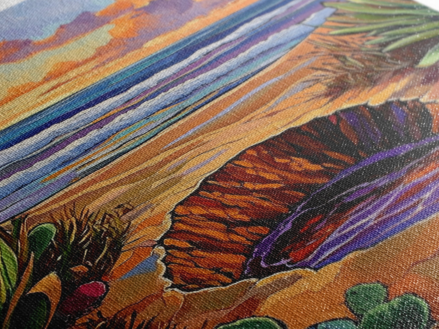 Desert Coast, Sunset Beach, Nature Hole, Surreal Art, Framed Canvas Print, Bedroom Wall Art, trippy boho decor, colorful landscape