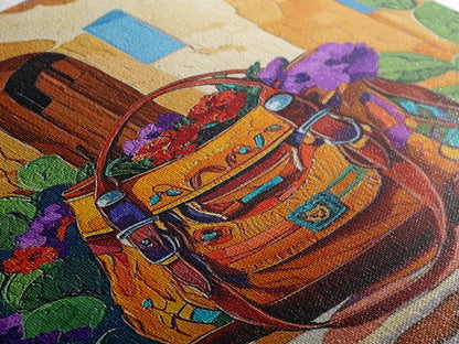 Saddle Bag, Desert Flowers, Southwest Style, Rustic Charm, Mexican Market Vibe, Entryway Wall Art, Framed Canvas Print, Colorful Boho Art