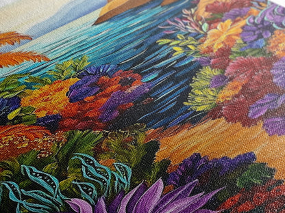 Hidden Cove, Ocean Trail, Botanical Beauty, Colorful Path, Framed Canvas Print, tropical jungle painting, hallway wall art, boho art