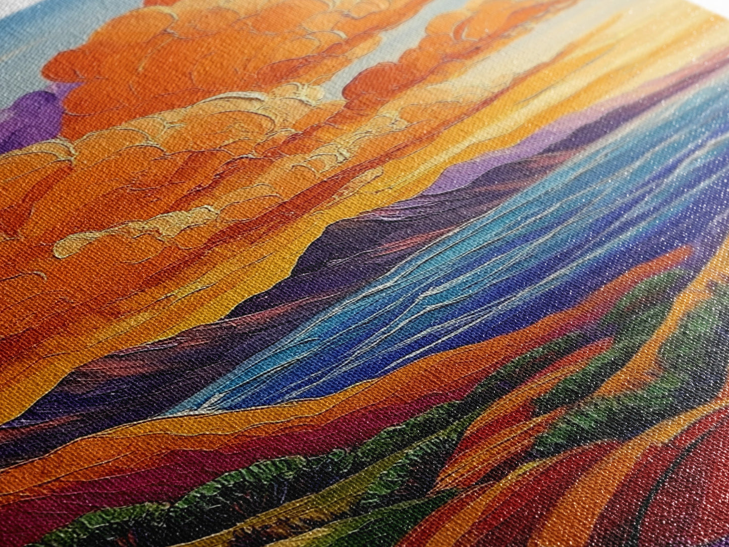 Coastal Hills, Sunset Path, Ocean View, Fiery Sky — Framed Canvas Print Autumn landscape painting, colorful kitchen wall art, boho decor