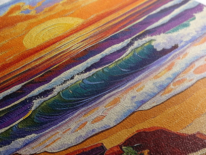 Sunset Beach, Crashing Waves, Golden Sky, Ocean Horizon — Canvas Print tropical landscape art, bathroom wall decor, modern beach vibe