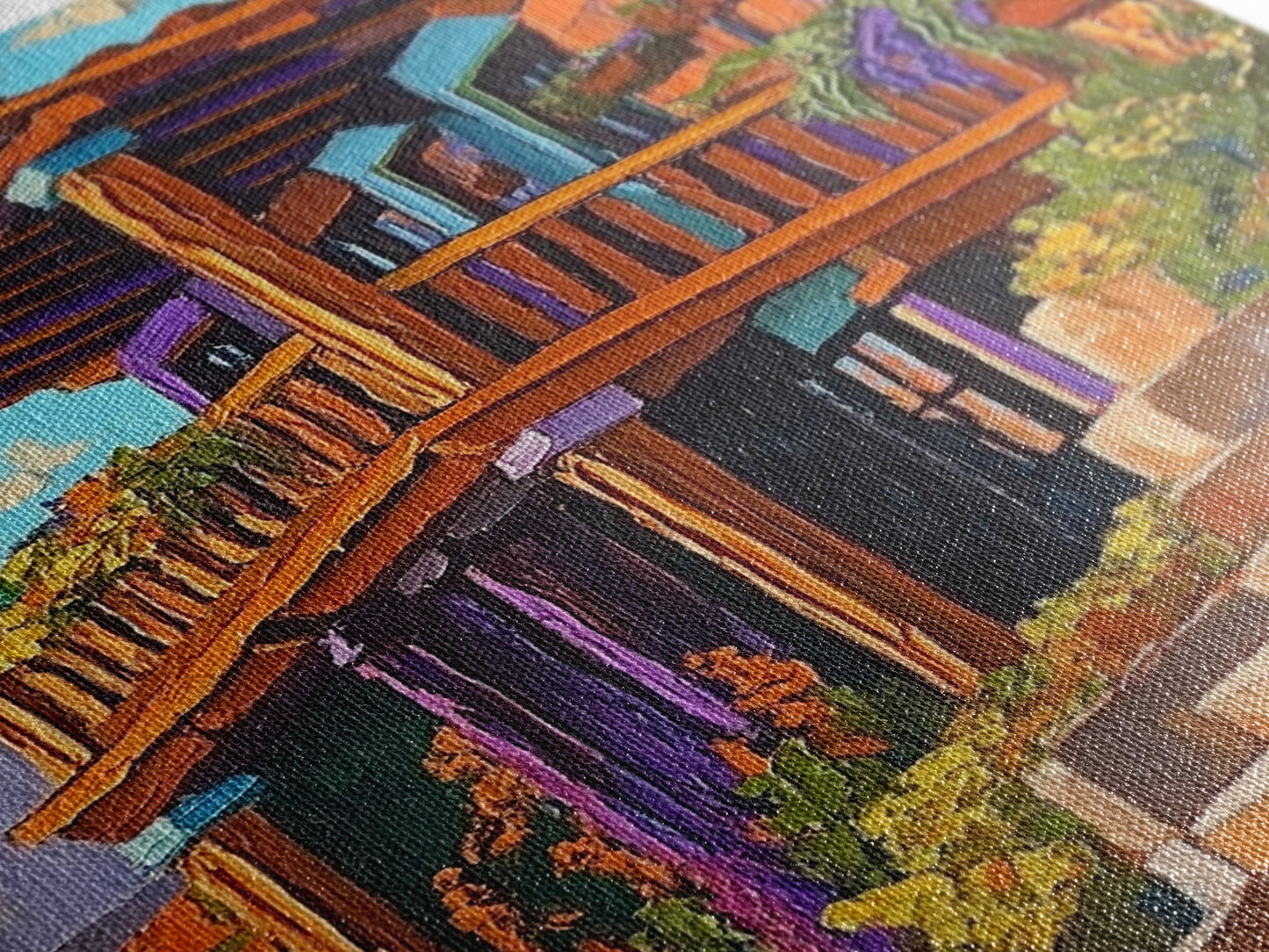 Rustic Balcony View, Desert Garden Colors, Southwest Home Art, Framed Canvas Print, Living Room Wall Art, Boho Summer Decor