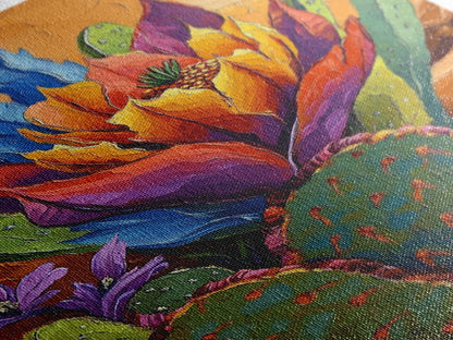 Cactus Blooming, Desert, Vivid, Framed Canvas Print bold southwest art, colorful desert cactus, southwestern home decor, kitchen wall art