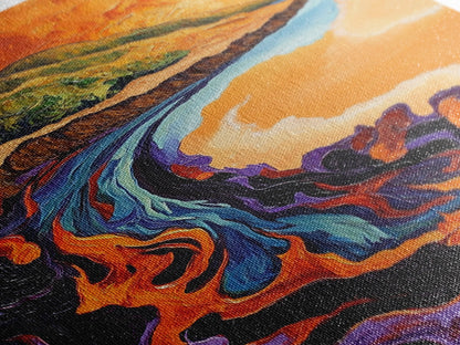 Lava Coastline, Molten Waves, Abstract Nature, Volcanic Scene, Framed Canvas Print, Fall Wall Art, Moody Decor, Earthy Abstract Art