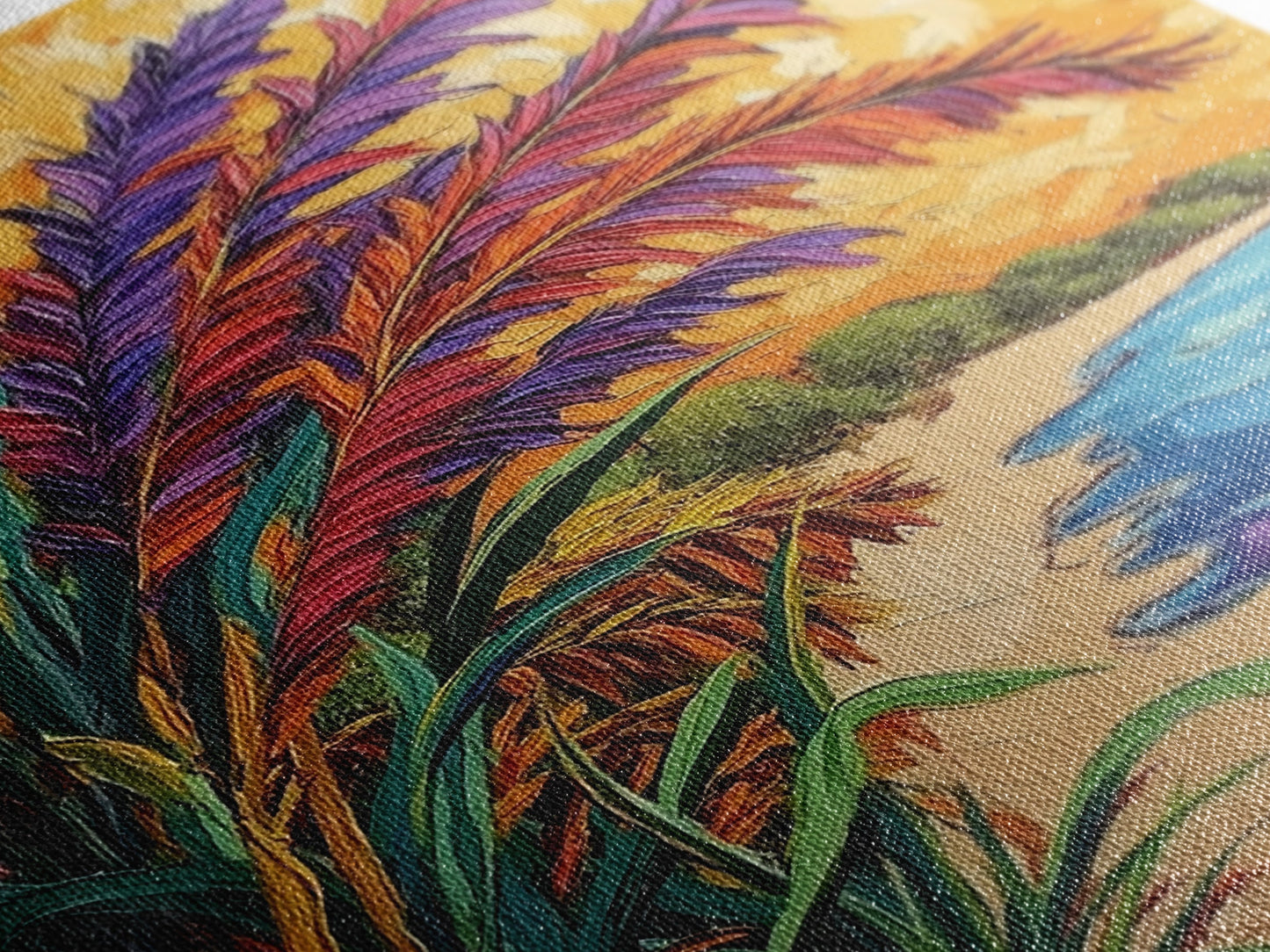 Vibrant Beach Grass, Sunset Ocean View, Coastal Wall Decor, Tropical Vibes, Framed Canvas Print, Summer Living Room Wall Art