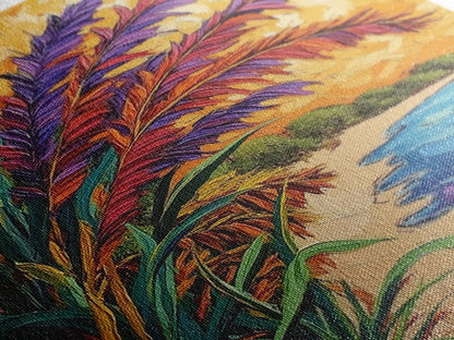 Vibrant Beach Grass, Sunset Ocean View, Coastal Wall Decor, Tropical Vibes, Framed Canvas Print, Summer Living Room Wall Art