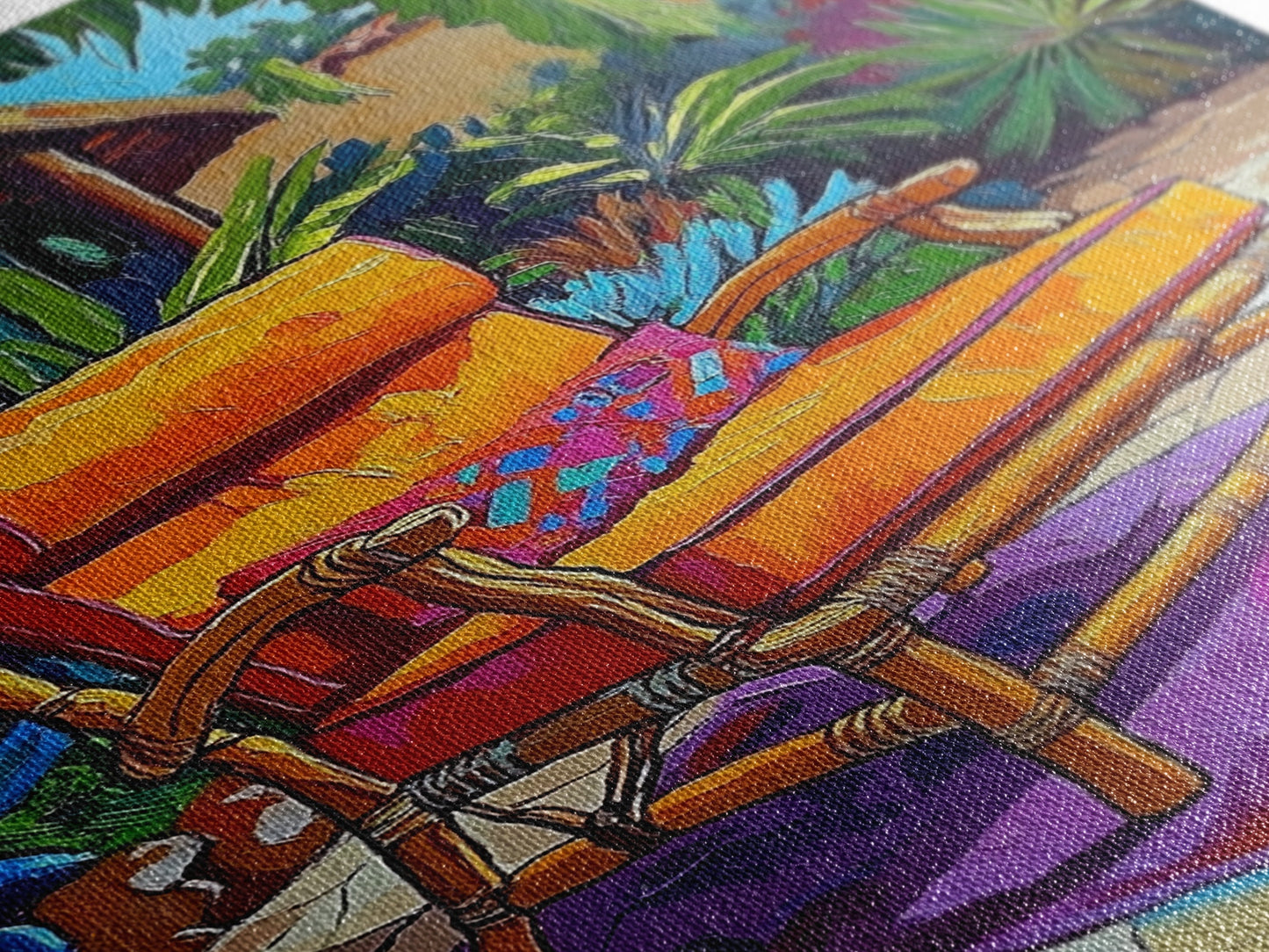 Chair Patio Palm, Tropical, Framed Canvas Print tropical garden wall art, colorful patio vibes, summer decor, boho sunroom wall art