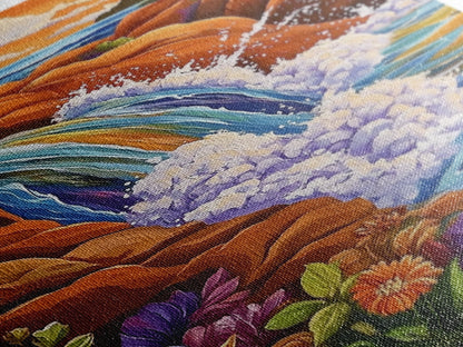 Coastal Waterfall, Ocean Rocks, Tropical Seascape, Sunset Art, Framed Canvas Print bathroom decor, beach lovers gift, colorful nature art