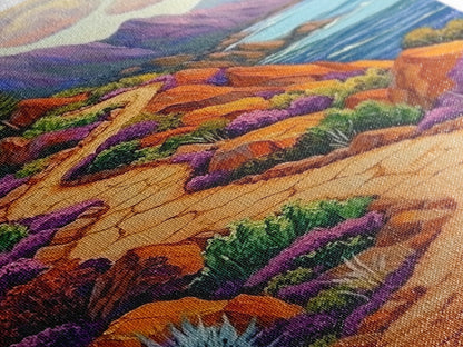 Winding Trail, Ocean Cliffs, Coastal Landscape, Mountain View, Framed Canvas Print, rustic wall art, cabin decor, colorful nature painting