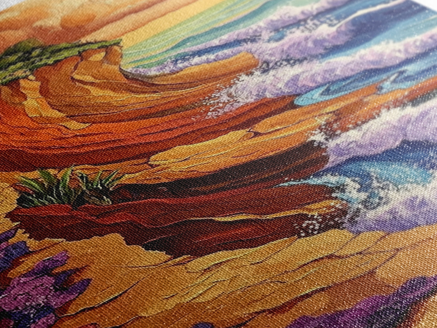 Waves Cliffs, Nature Surf, Canvas Print dramatic ocean surf painting, coastal boho landscape art, Living Room Wall Art, beachy decor