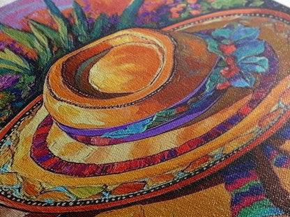 Sombrero, Garden, Boho, Floral, Framed Canvas Print, Bright floral garden sombrero artwork, perfect boho colorful kitchen wall art